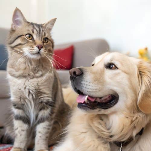 A cat and dog peacefully sitting together